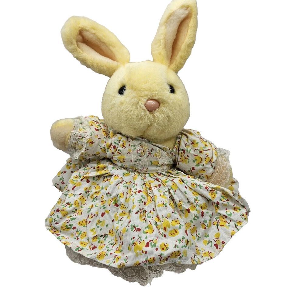 Vintage Yellow Bunny‎ Stuffed Animal Floral Dress With Lace No Tag